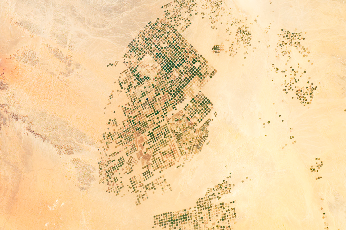 Astronaut view of circular center-pivot agricultural fields in the Wadi As-Sirhan Basin of Saudi Arabia.